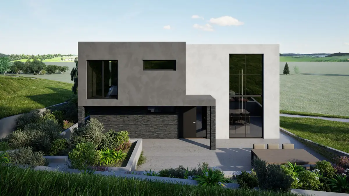 3D prikaz ulazne strane montažne kuće s nadstrešnicom