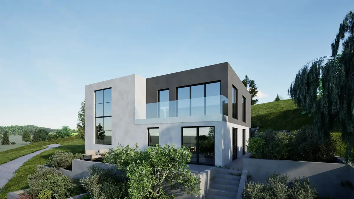 3D prikaz vrtne strane kuće s terasama na padini