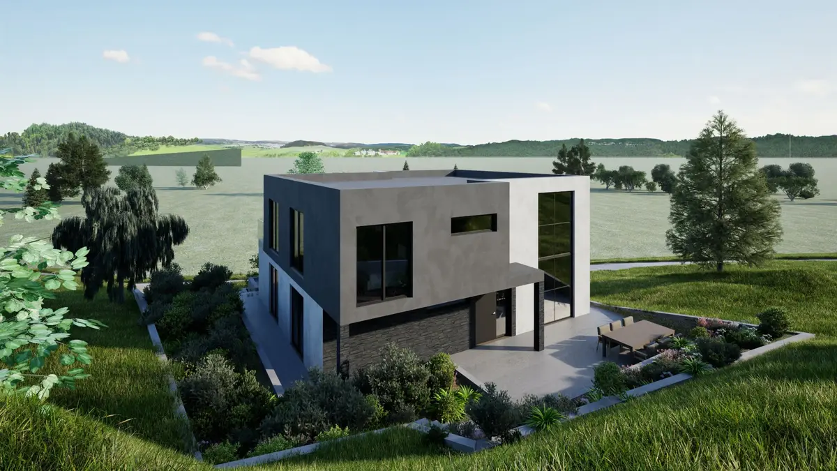 3D prikaz montažne kuće u okolišu